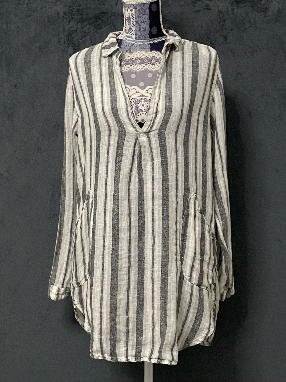 CP Shades Linen Teton Tunic Top Womens S White Black Striped Collar Resort Wear